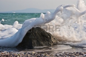 1657030-a-rock-on-the-seashore-surrounded-by-small-sea-shells-a-wave-is-gushing-over-it